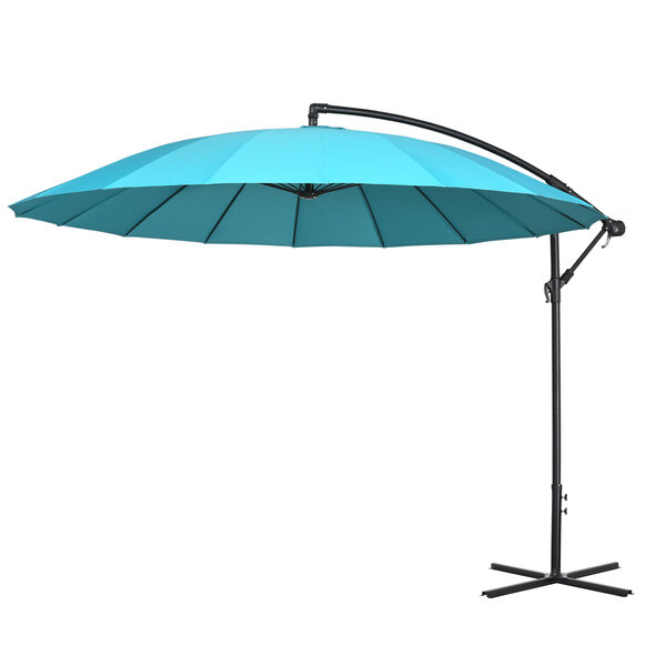 Parasol déporté rond inclinable manivelle piètement mât métal. dim. Ø 2 96 x 2 6H m polyester haute densité bleu ciel