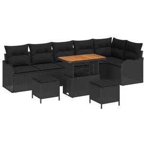 vidaXL Canapé de jardin 9 pièces avec coussins en poly rotin noir et acacia