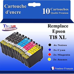 T3AZUR- 10x Cartouches Compatibles avec  Epson 18XL 18 XL remplace Expression Home XP-205 XP-215 XP-305 XP-312 XP-315 XP-322 XP-325 XP-405 XP-412 XP-415 XP-422 XP-425