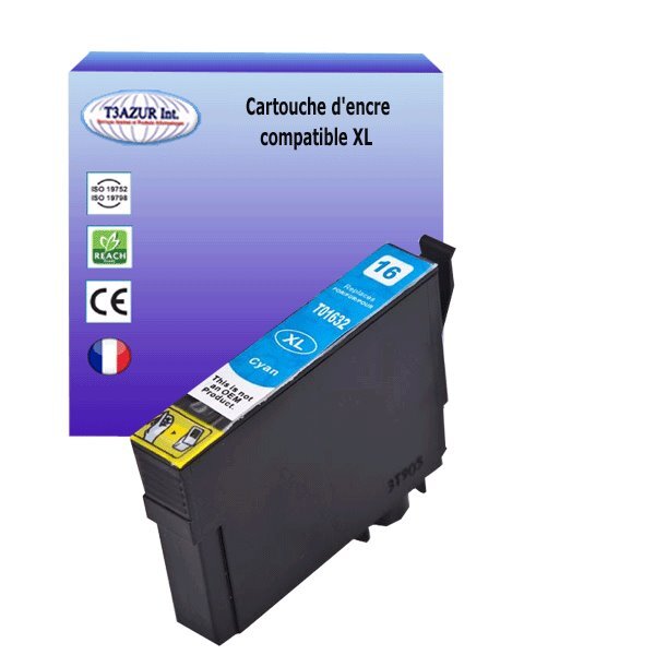 Cartouche Compatible pour Epson WF2530WF,WF2540WF, WF2630WF, WF2650DWF, WF2660DWF remplace Epson T1632  (16XL) Cyan  - T3AZUR