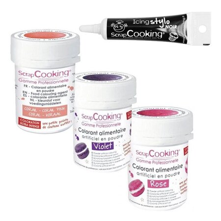 3 colorants alimentaires Rose-violet-corail + Stylo glaçage noir