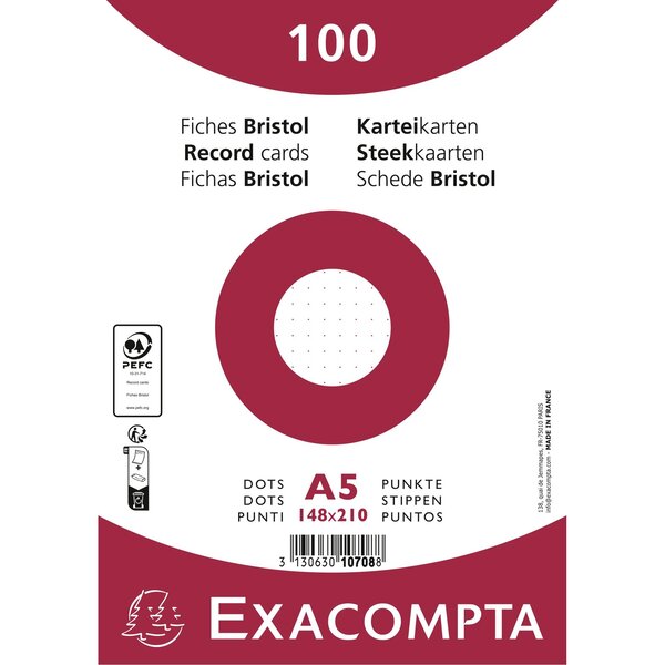 Paquet 100 Fiches Sous Film - Bristol Dots Non Perforé - 148x210mm - Blanc - Exacompta