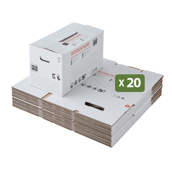 Pack and Move - Lot 20 cartons stockage - 58 x 40 x 30 cm - Poignées renforcées - 1 marqueur offert