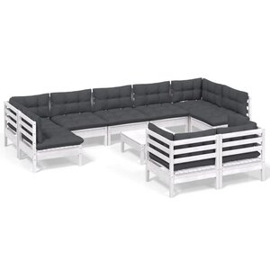 vidaXL Salon de jardin 10 Pièces avec coussins blanc bois de pin massif