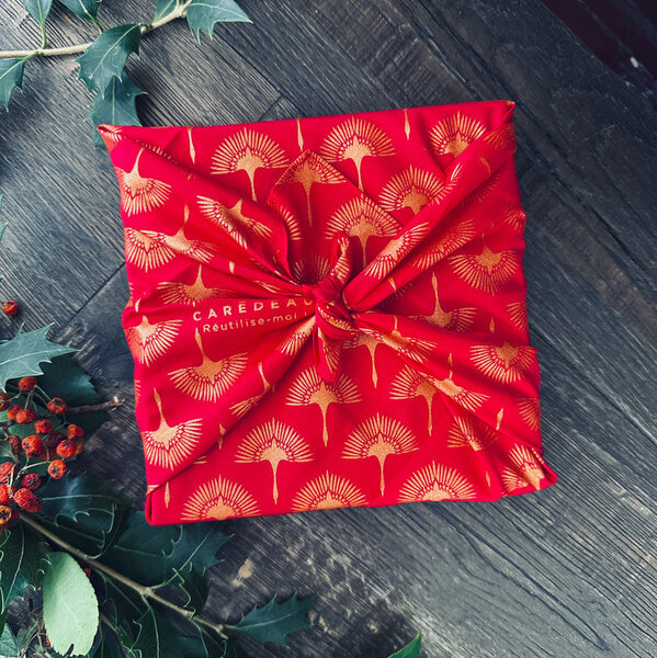 Papier Cadeau Réutilisable Emballage Furoshiki Coton Recyclé : La Haut (Taille S) 35x35 cm Rouge Coquelicot