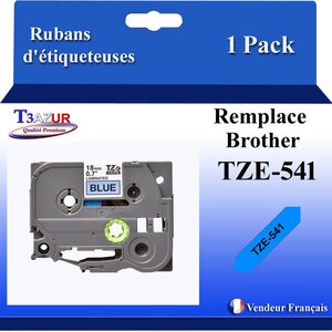 Ruban d'étiqueteuse compatible avec Brother Tze541 Tze-541 pour étiqueteuses P-touch - Texte noir sur fond bleu - T3AZUR