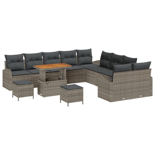 Ensemble de canapé de jardin de 13 pièces avec coussins Gris Poly Rotin Acacia