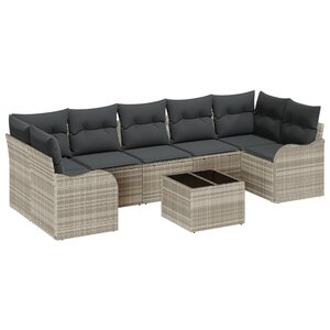 Ensemble de canapé de jardin 8 pièces avec coussins gris clair en poly rattan