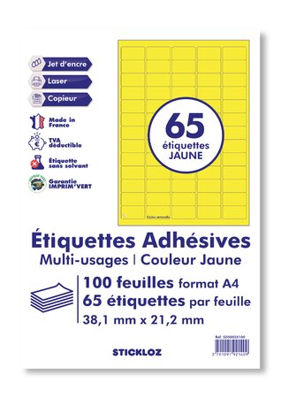 100 planches a4 - 65 étiquettes 38,1 mm x 21,2 mm autocollantes jaune par planche pour tous types imprimantes - jet d'encre/laser/photocopieuse
