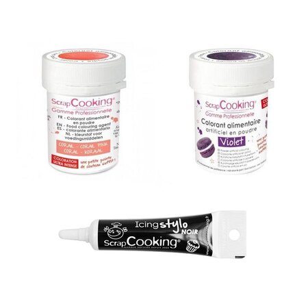 2 colorants alimentaires corail-violet + Stylo glaçage noir