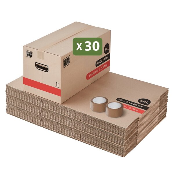 Pack and Move - Lot 30 Cartons Déménagement Premium - 60 X 30 X 30 - Extrême Résistance 20KG - Réutilisable - Poignées Renforcées - 2 Adhésifs Offerts