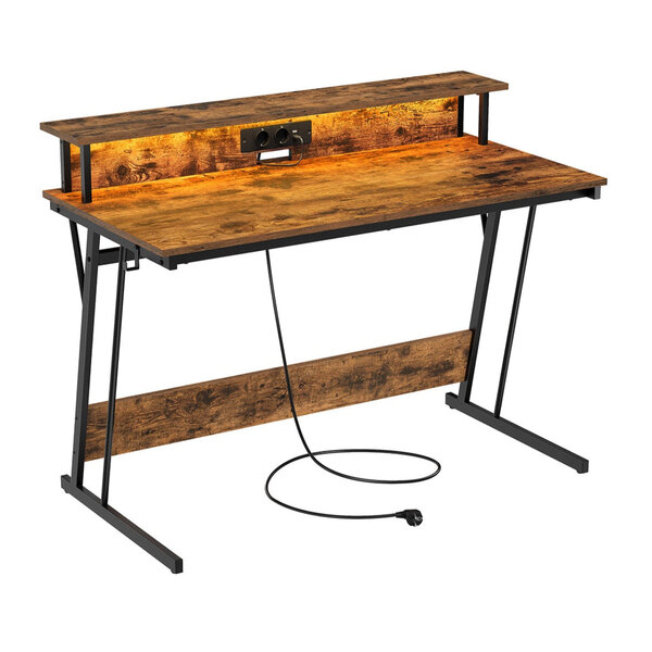 Bureau gaming avec led et multiprise table gamer bureau informatique avec rehausseur d’écran pour 2 ordinateurs pour chambre 55 x 135 x 76 cm noir boisé 12_0004629