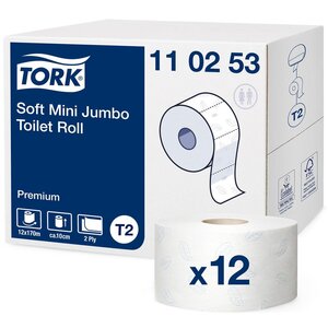 Papier toilette double épaisseur Mini Jumbo doux Premium T2 - 12 bobines 170 m (paquet 12 x 850 feuilles)