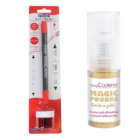 Stylo encre comestible rouge avec recharge + Poudre irisée dorée