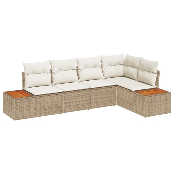 Ensemble de Canapé de Jardin 5 Pièces avec Coussins Beige Poly Rotin Acacia