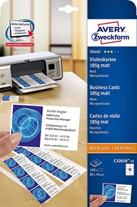 Etui de 250 cartes visite recto microperforées 190g jet d'encre blanc mat 85 ... Avery zweckform
