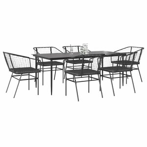 vidaXL Ensemble à manger de jardin coussins 7Pièces noir poly rotin verre