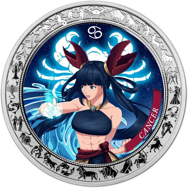 Monnaie CANCER Anime Zodiac 1 Oz Argent 5 Cedis Ghana 2025