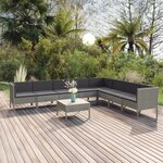 vidaXL Salon de jardin 9 Pièces avec coussins Résine tressée Gris