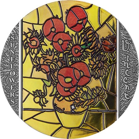 SUNFLOWERS by Van Gogh Stained Glass Art 2 Once Argent Coin 10 Cedis Ghana 2022