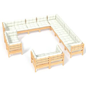 Salon de jardin meuble d'extérieur ensemble de mobilier 13 pièces avec coussins crème bois de pin massif 02_0015732