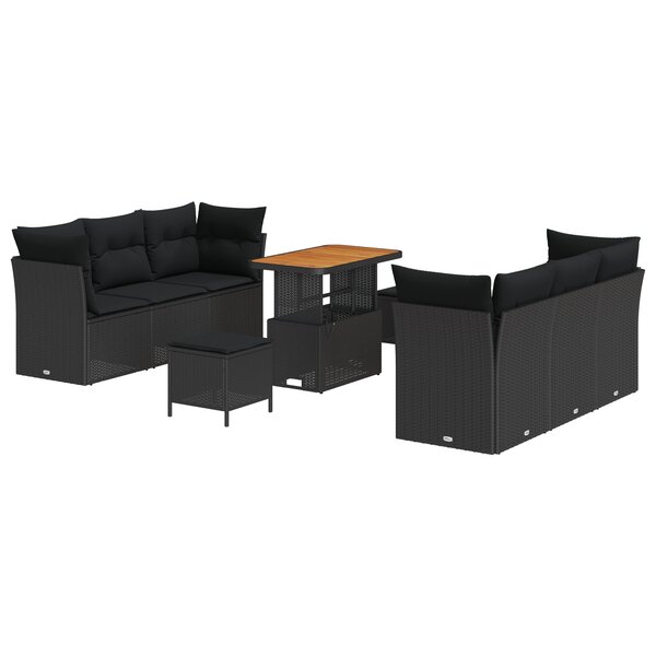 vidaXL Ensemble Canapé de Jardin 9 Pièces avec Coussins Noirs en Rattan Poly et Acacia