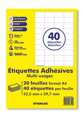 20 planches a4 - 56 étiquettes 52,5 mm x 29,7 mm autocollantes blanche par planche pour tous types imprimantes - jet d'encre/laser/photocopieuse