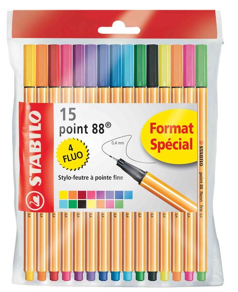 Ecopack de 15 Stylos feutre point 88 pointe fine assorties STABILO