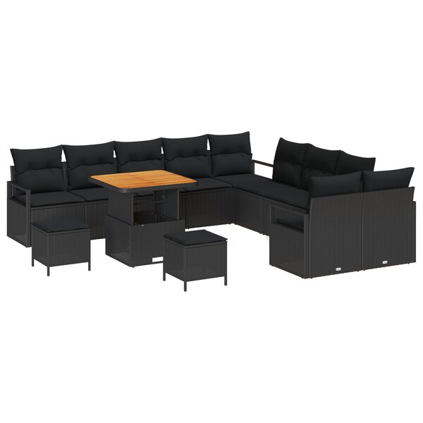 vidaXL Salon de jardin 13 pièces avec coussins  polyrotin noir et acacia