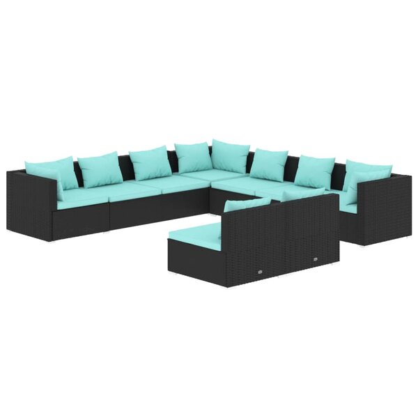 vidaXL Salon de jardin 9 Pièces avec coussins Noir Résine tressée