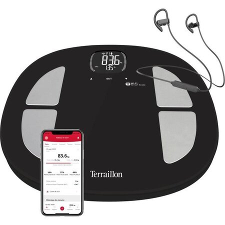 TERRAILLON 14853 - Impédencemetre connecté Run et Fit + Ecouteurs intra-auriculaires - Wi-fi, Bluetooth - 32,4x34,2cm - Noir