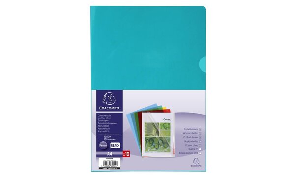 10 Sachets de 10 pochettes coin PVC lisse haute résistance 13/100e A4 Couleurs assorties EXACOMPTA