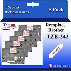 5x  Rubans d'étiqueteuses compatibles avec Brother Tze242  Tze-242 - Texte rouge sur fond blanc - Largeur 18 mm x 8 mètres - T3AZUR