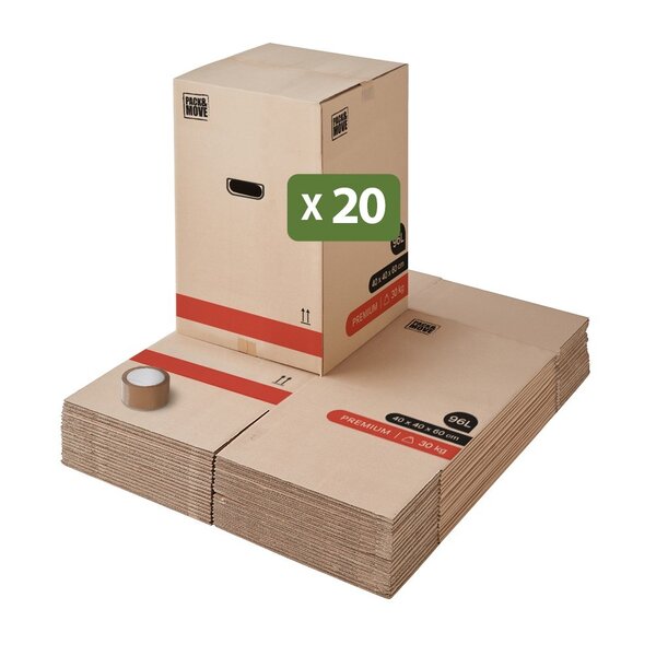 Pack and Move - Lot 20 Cartons Déménagement Premium - 40 X 40 X 60 Cm - Résistance 30 KG - Double Épaisseur - Poignées Renforcées - 1 Adhésif Offert