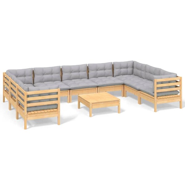 vidaXL Salon de jardin 10 Pièces avec coussins gris Bois de pin
