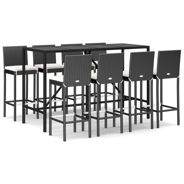 vidaXL Ensemble de bar de jardin 9 Pièces avec coussins noir poly rotin