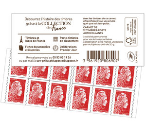 Carnet 12 timbres Marianne l'engagée - Lettre Prioritaire - Rouge - Collection de France