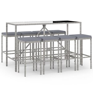 vidaXL Ensemble de bar de jardin 9 Pièces avec coussins gris poly rotin