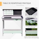 Table de rempotage jardinage multi-équipée tiroir  étagère  évier dim. 92L x 43l x 120H cm bois massif pin pré-huilé gris vert menthe