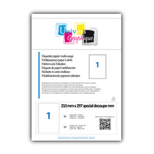 Lot de 50 planches a4 de 1 étiquettes à bords vifs 210 x 297 special decoupe en papier blanc 70g/m² multifonction avec 5 refentes au verso pour créer des stickers ou autocollants