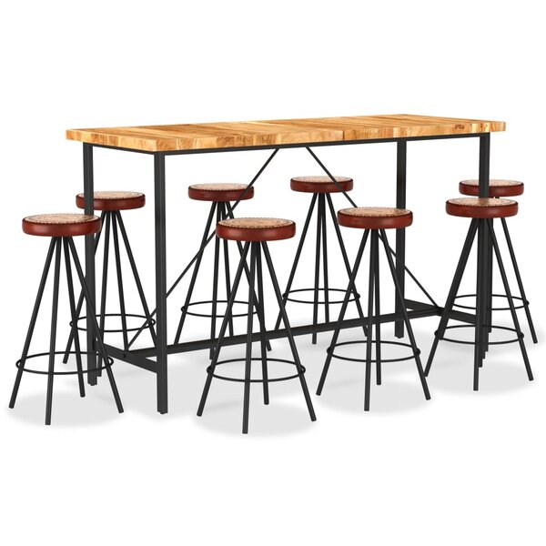 vidaXL Ensemble de bar 9 Pièces Bois d'acacia solide et cuir véritable