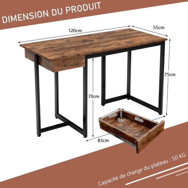 Bureau En Bois 120cm Avec Étagère – Bureau Ordinateur Moderne, Bureau Maison, Bureau Gamer