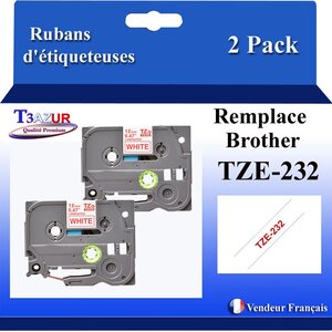 2x Rubans d'étiqueteuses compatibles avec Brother Tze232  Tze-232 pour étiqueteuses P-touch - Texte rouge sur fond blanc - Largeur 12 mm x 8 mètres - T3AZUR