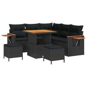 Ensemble de canapé de jardin 8 pièces avec coussins noir en poly rotin