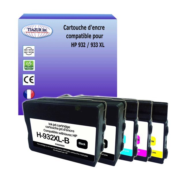 5 Cartouches compatibles avec HP OfficeJet 7512 Wide Format, 7610e, 7612 remplace HHP 932XL, HP 933XL  (Noire+Couleur)- T3AZUR