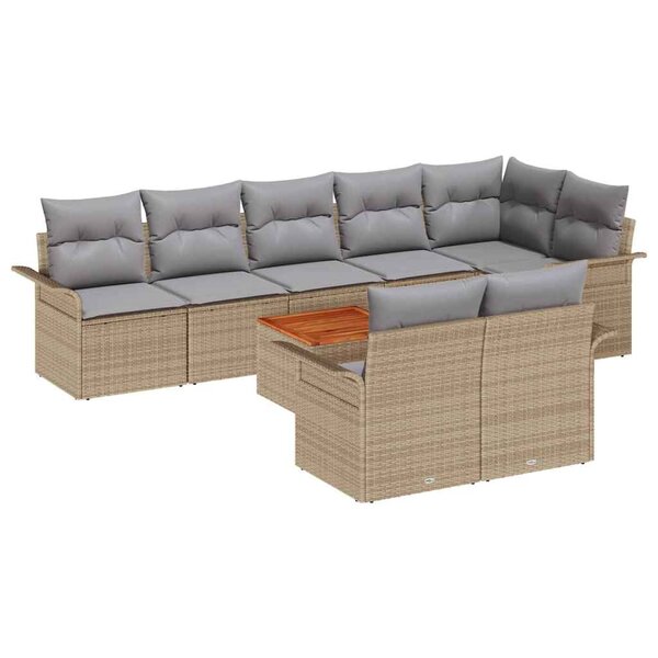 Ensemble de Sofa de Jardin 9 Pièces avec Coussins Beige Poly Rattan Acacia