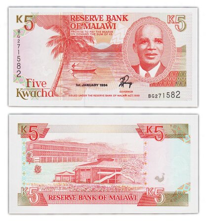 Billet de collection 5 kwacha 1994 malawi - neuf - p24b
