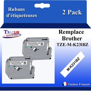 2x  Rubans d'étiquettes laminées générique Brother Brother MK221BZ  MK-221BZ pour étiqueteuses P-touch - Texte noir sur fond blanc - T3AZUR