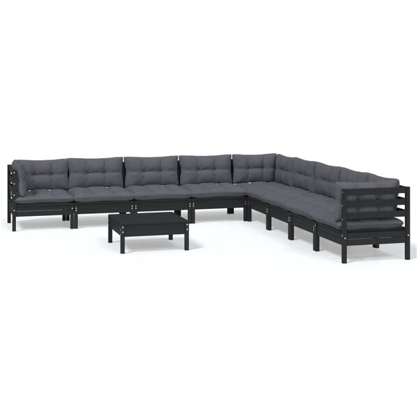 vidaXL Salon de jardin 10 Pièces avec coussins Noir Bois de pin massif