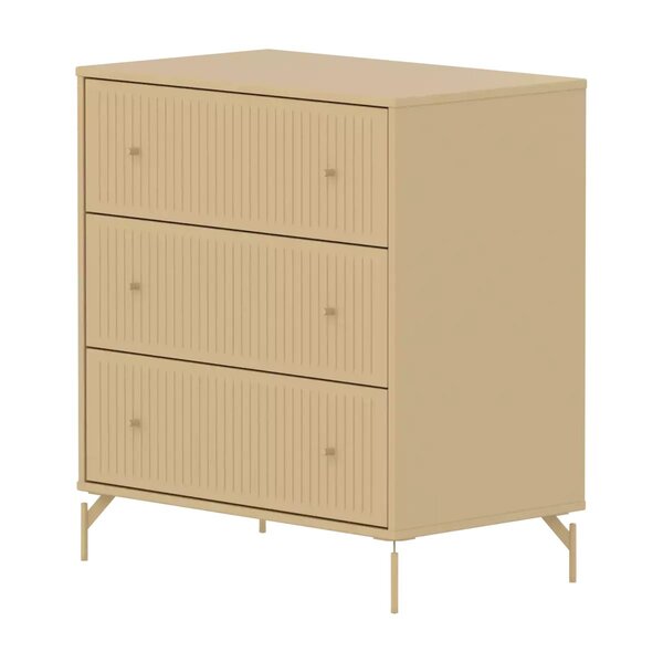 Flexa SAGA Commode 3 tiroirs a facades rainurees Beige sable Oat Pieds metalliques et boutons Oat